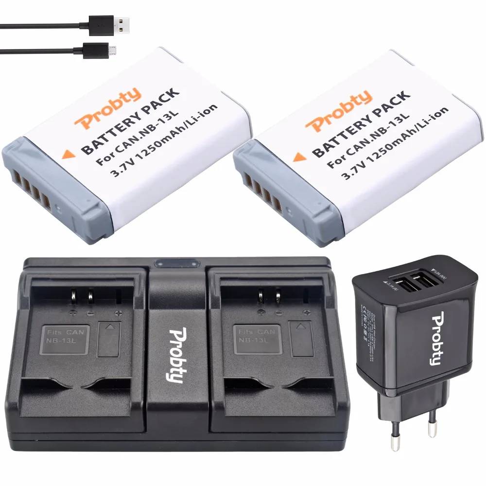 2Pcs Probty NB 13L NB 13L batteries + USB Dual Charger + Plug for Canon