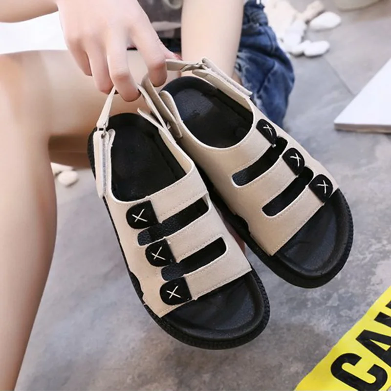 

Puimentiua Roman Flock Hook Loop Summer Sandals Women Platform Comfort Flats Slip On Ankle Strap Solid Lady Daily Casual Shoes