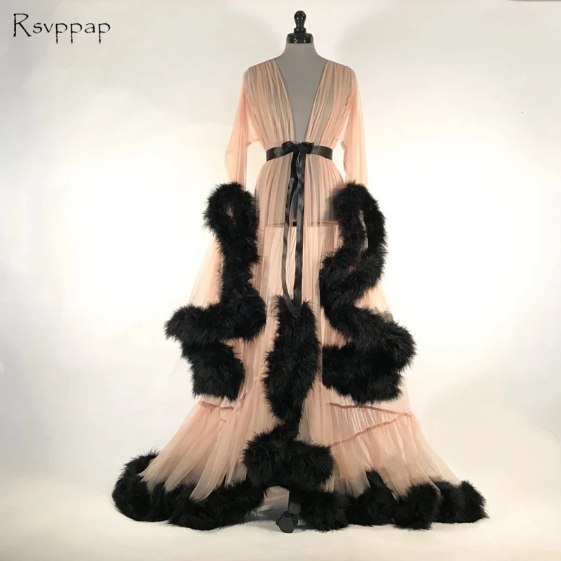 

Long Elegant Evening Dress 2019 V-neck Long Sleeve Black Feather Champagne African Women Special Occasion Dresses robe de soiree