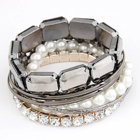 

LEMOER Fashion Korean Multilayer Imitated Pearl Grey Crystal 7layers Bohemian Charms Bangle