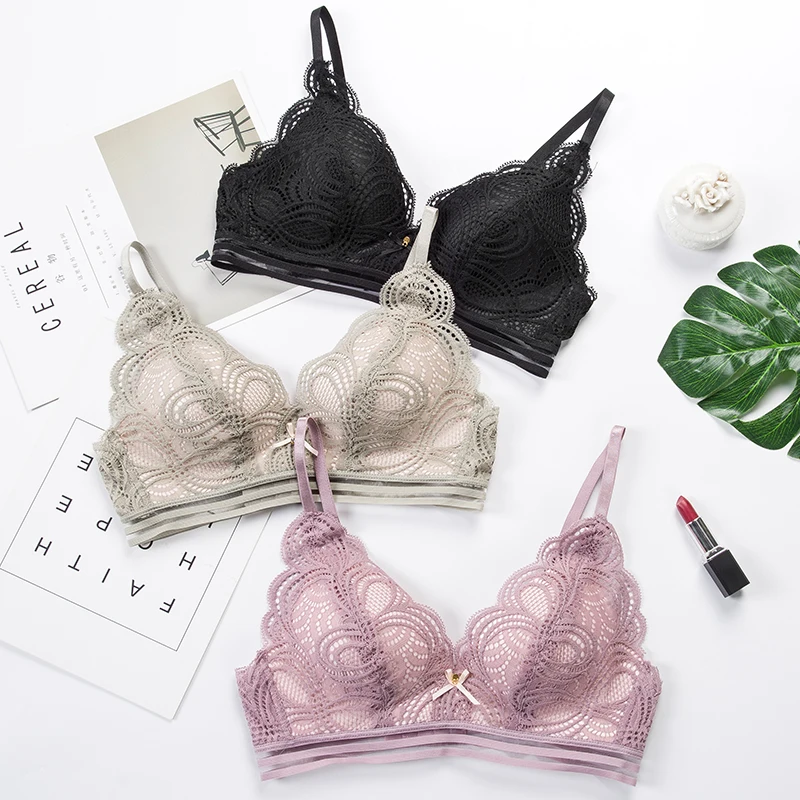 

New lace bra set in thin triangular cup no steel ring gathered breathable underwear push up lingerie set
