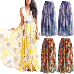 Для женщин Дамы Лето Boho Повседневное вечерние Макси пляжная юбка Высокая талия с цветочным принтом длинная юбка