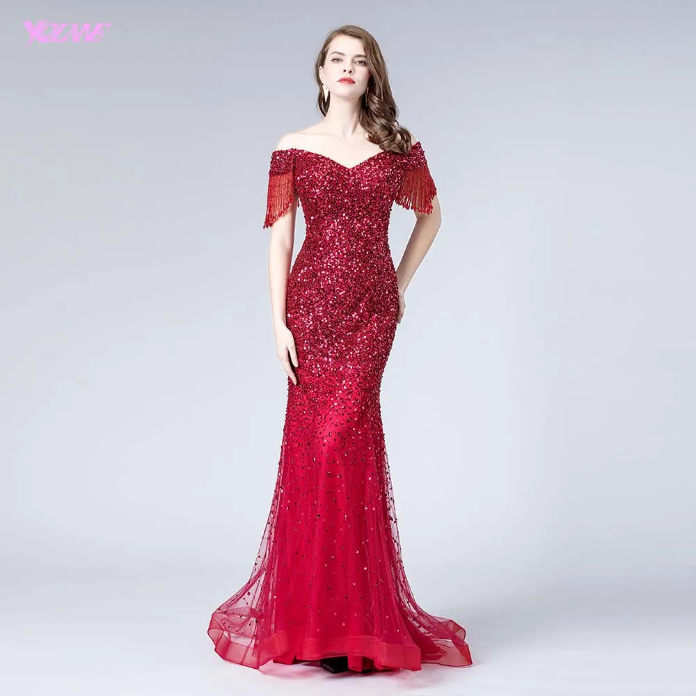 

2019 Robe De Soiree Red Rhinestones Evening Dresses Long Tulle Formal Dress Gown Vestidos YQLNNE
