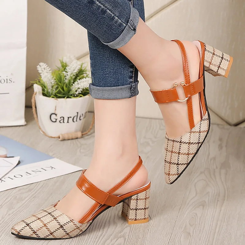 

Women's Summer Shoes Gingham Casual Sandals For Girl Buckle Strap Square Heel Shoe Woman 6 Colors PU Sole Sandal Female
