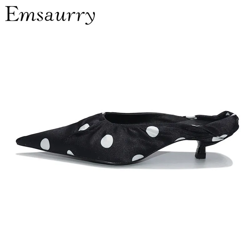 

New Spring High Heels Med Thin Heel Luxury Satin Polka Dot Pointy Toe Slingback Slippers Fashion Women Shoes