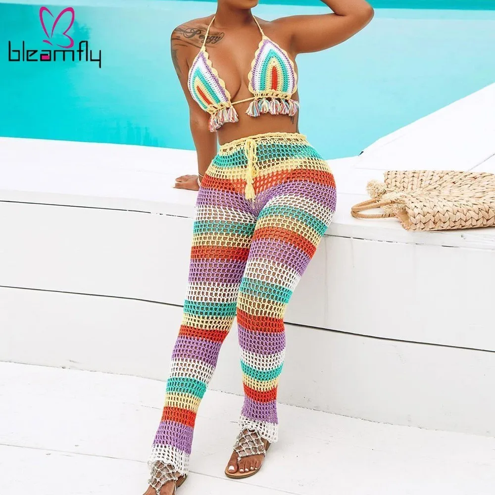 

Rainbow Striped Crochet Pant Set 2 Pieces Womens Sexy Backless Colorful Knitted Tassels Top & Pants Set Beachwears Matching Sets
