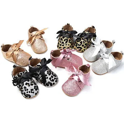 

Infant Toddler Glitter Soft Leopard BowknoT Tie Shoes Baby Boy Girl Shoes Pre-walker 0 to 18 Months