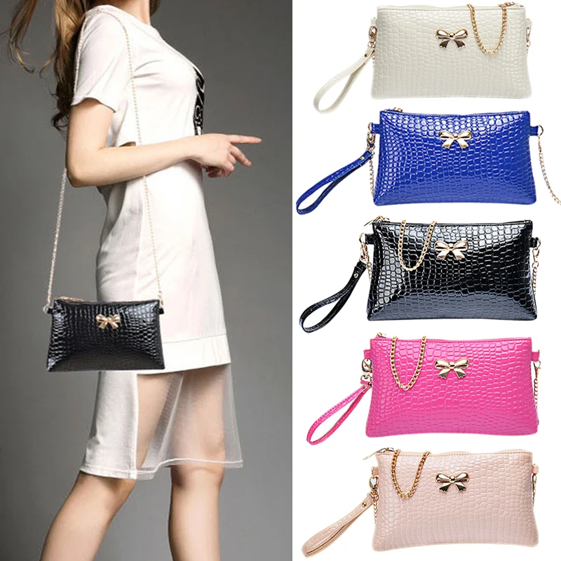 

New Women's Chain PU Small Shoulder Bag Crocodile Bow Decoration Clutch Pouch Bags High Quality 99 LXX9