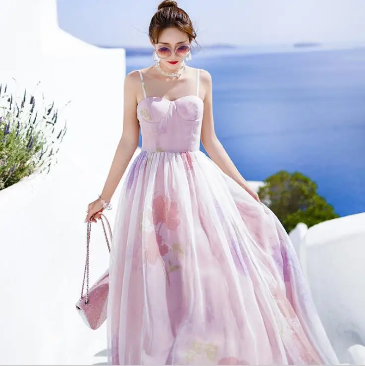 

Elegant Pink Spaghetti Strap Long Dress Sexy Low-Cut Mesh Maxi Swing Dress Sundress Vestidos De Verano