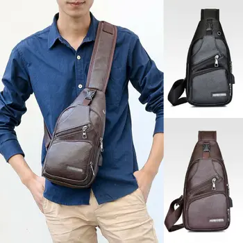 

New Fashion Men's PU Shoulder Bag Solid Simple Casual Chest Bag Sling USB Charging Sports Travel Crossbody Handbag