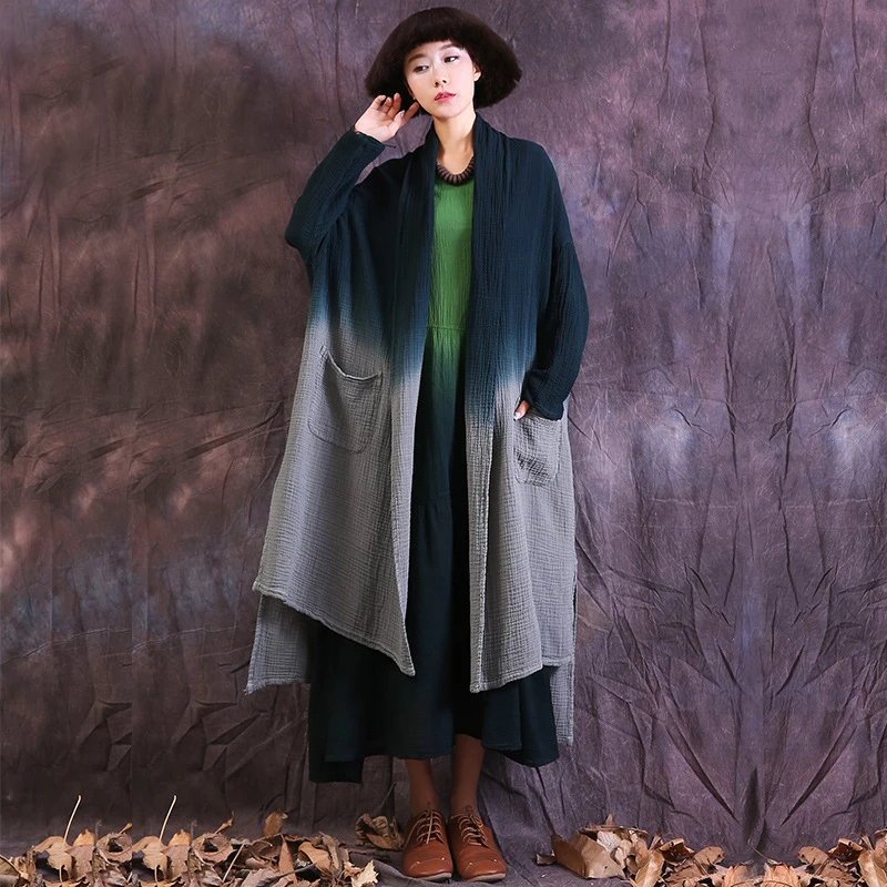 

Johnature Women Cotton Linen Trench Coats 2019 Spring New Vintage Pockets Cardigan Plus Size Women Clothes Tie dye Women Trench