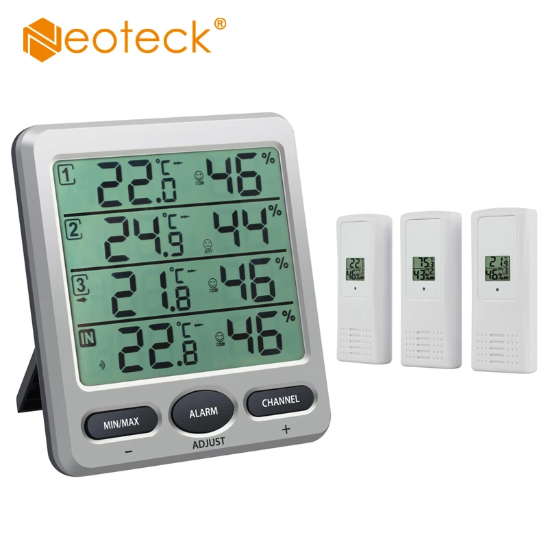 

Neoteck Wireless Weather Station 8-Channel Thermometer Hygrometer with 3 Remote Sensors Alarm Function For Indoor/Outdoor Sensor