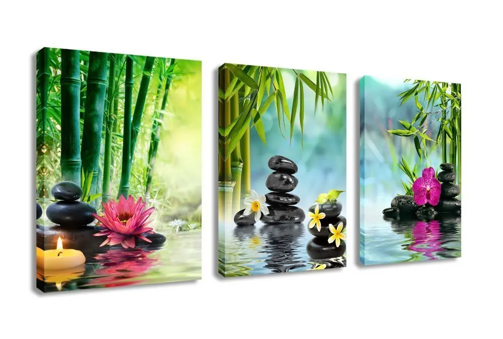 3 панели современный Zen холст картина искусство на стену Декор спа камень зеленый