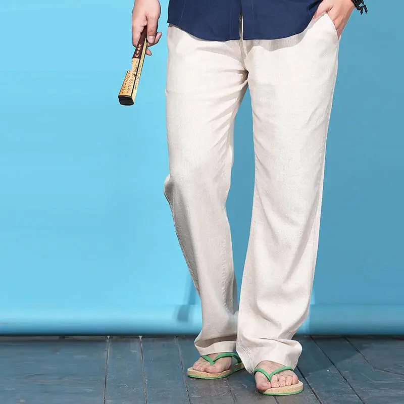 

new arrival spring Summer Cotton Linen Trousers Male Loose Pants Elastic Waist Pockets Casual high quality plus size XL2XL-6XL