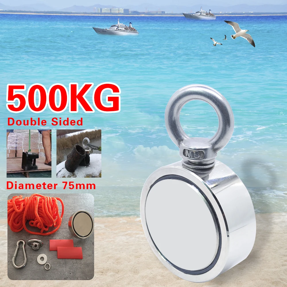 

New 500KG Double-sided Powerful Round Neodymium Magnet Hook Salvage Magnet Sea Fishing Equipments Holder with Ring and 10M Rope