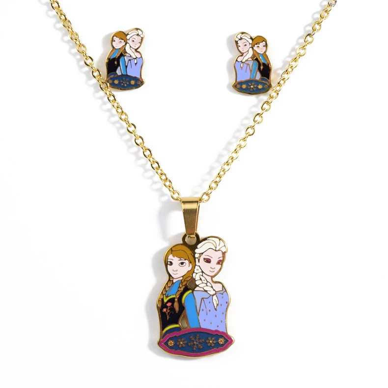 

Cartoon Princess KT Cat Necklace Set Pendants Stainless Steel Golden Plated Necklace Earrings Jewelry Sets Woman/Kids Kits Gift