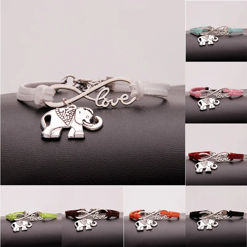 

Antique Silver Love Elephant Charm Infinity Bracelets Multi Leather Cords Wrap Bangle Fashion Women Men Jewelry Christmas Gift