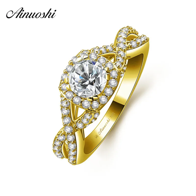 

AINUOSHI 10k Solid Yellow Gold Halo Ring Woman Wedding Engagement Jewelry 0.63ct Round Cut SONA Diamond Bridal Band Weaving Ring