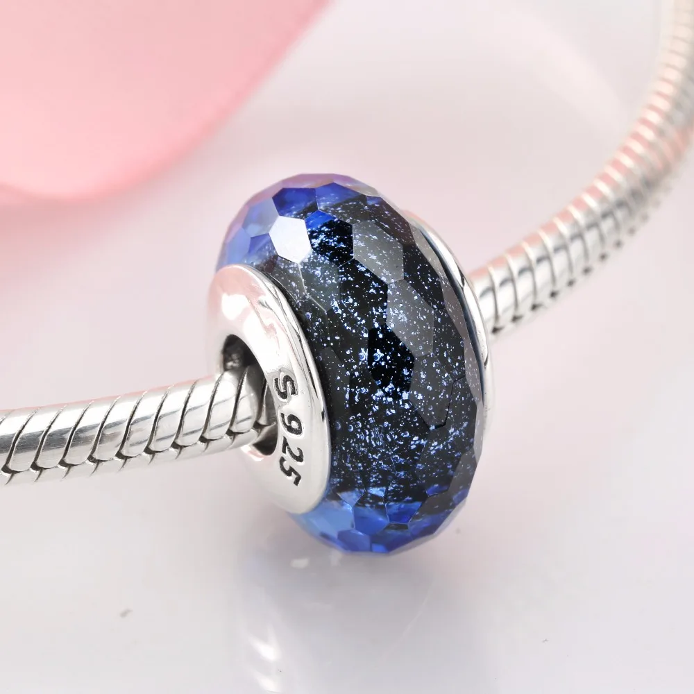 Подлинное 925 пробы Серебряное синее муранское стекло бусины подходят к оригиналу Pandora талисманы браслет ювелирные изделия