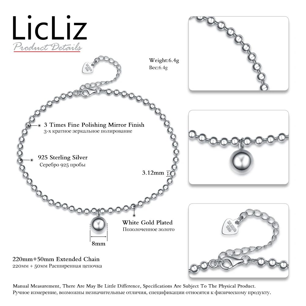 LicLiz серебро 925 пробы anklets Для женщин шар регулируемый ножной браслет Очаровательная застежка ножной браслет полые бисерные звенья цепи LA0004A