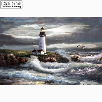 

5D DIY Full Square Diamond Painting Cross Stitch "Lighthouse in the wav" 3D Diamond Embroidery Rhinestone Mosaic Home Decor Gift