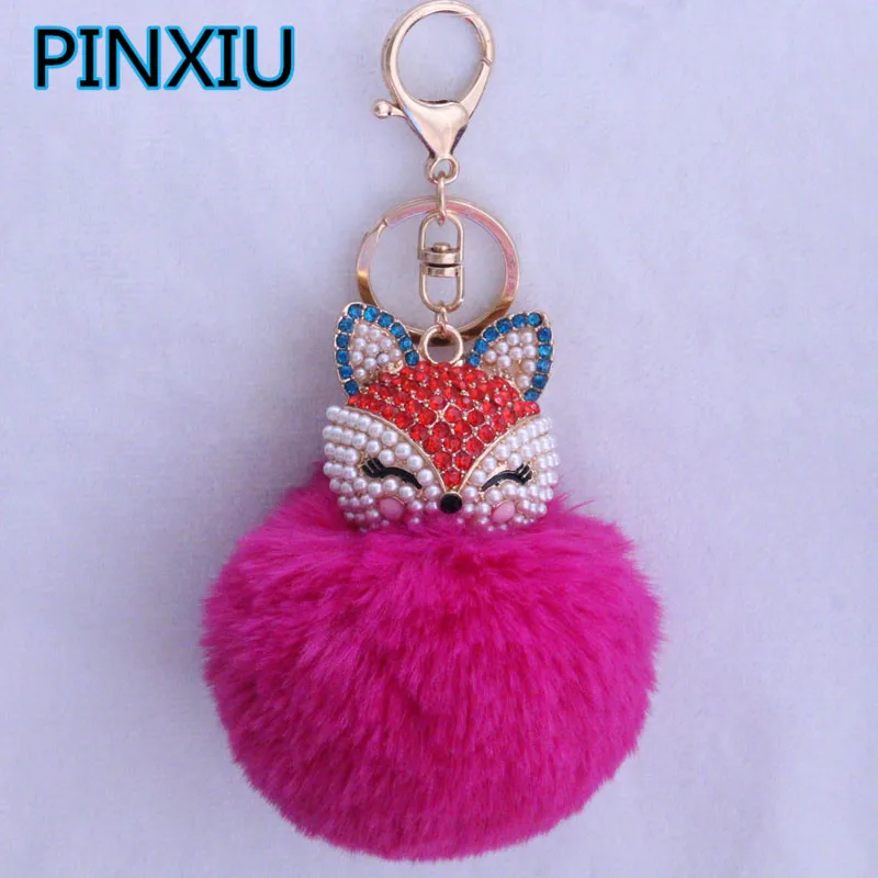 Nuevas mujeres de cristal llavero mullido Fox Pompom llavero Pom conejo piel bola llavero Chaveiro YSK6