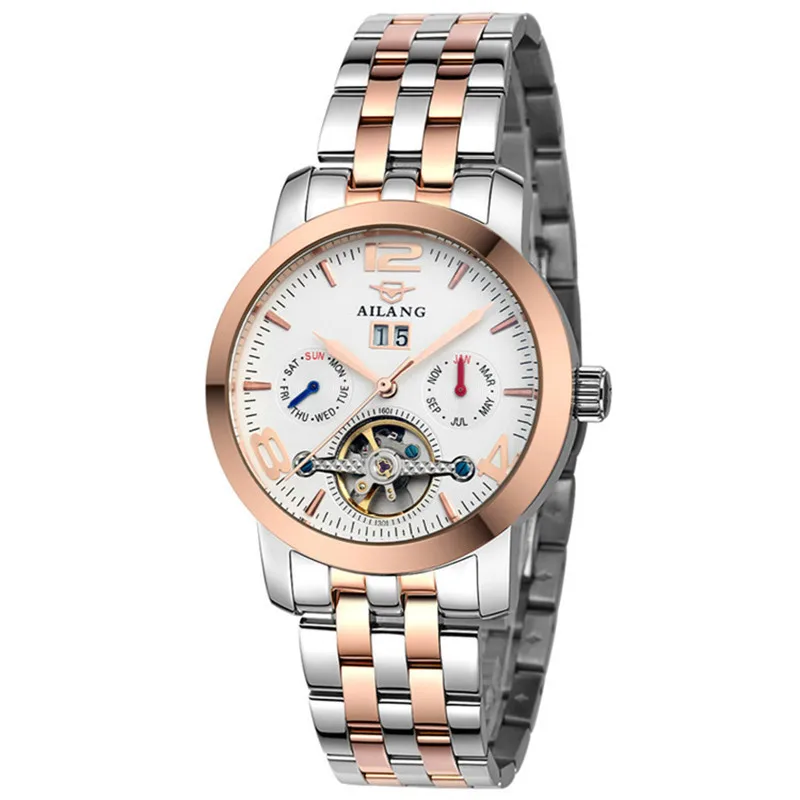 Steel RoseGold White Бизнес Мода платье наручные часы Tourbillon с самообмоткой механические часы Календарь из искусственной кожи наручные часы Неделя аналог Reloj - Цвет: Steel RoseGold White