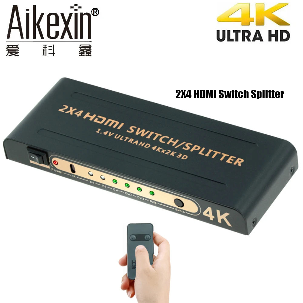 Aikexin 4K HDMI сплиттер 2x4 с ИК пультом 2 в 4 Выход переключатель Поддержка Ultra HD Full 1080P