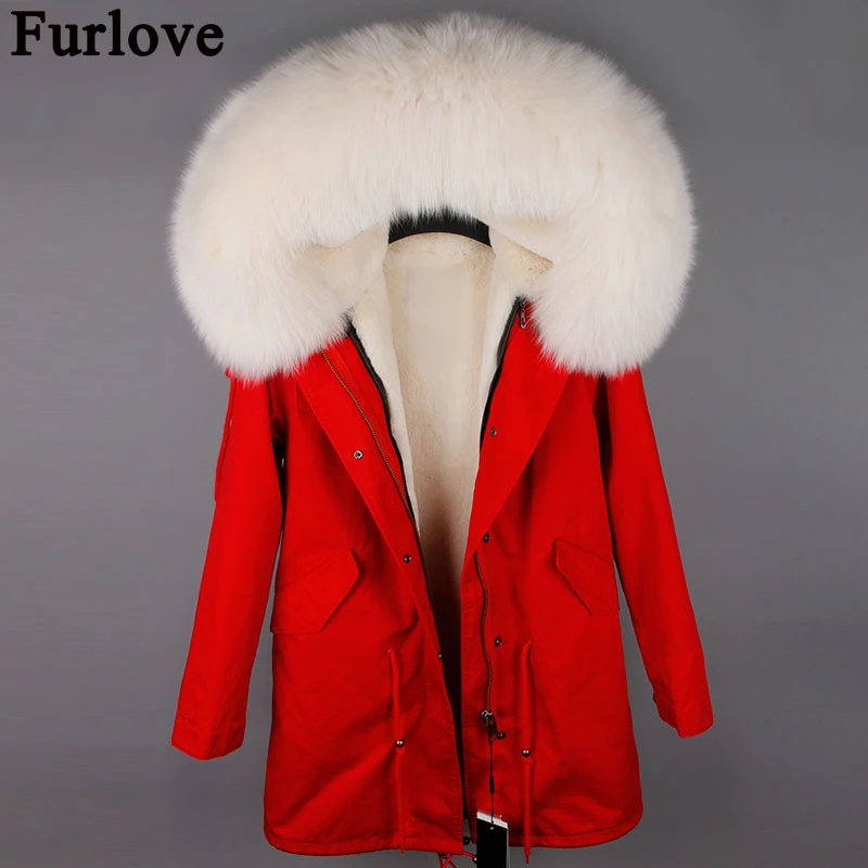 

Brand 2017 parka long red winter jacket coat women real fur coat parkas natural fox fur collar warm soft faux fur liner jackets