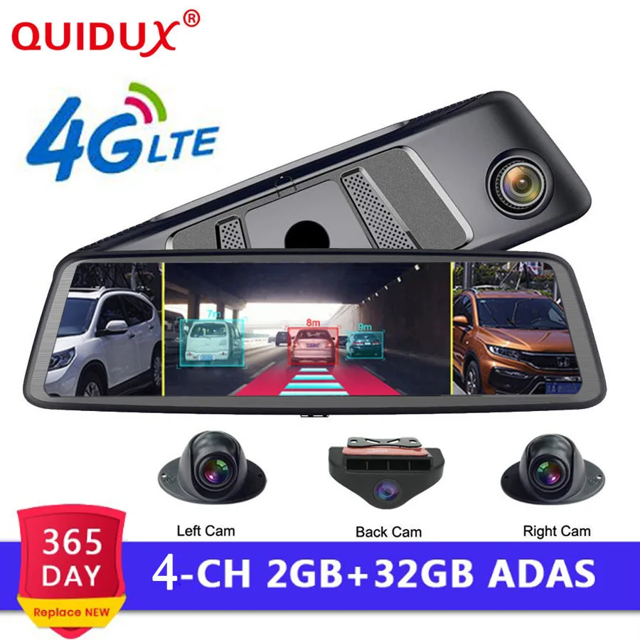 

QUIDUX 2019 Car DVR Camera ADAS 4 Channel Video Recorder Mirror 4G 10" Media Rearview Mirror 8 Core Android Dash Cam FHD 1080P