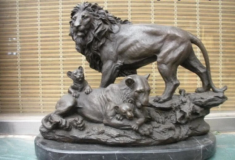 

free 16"Huge Classic pure Bronze Marble statue Art Lion family Mom Classic Sculpture fast