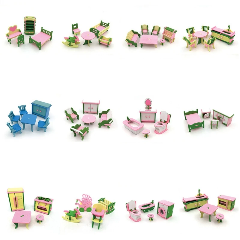cheap Kid Wooden Furniture Dolls House Miniature Bath Bed Living Room Children Toy Gift