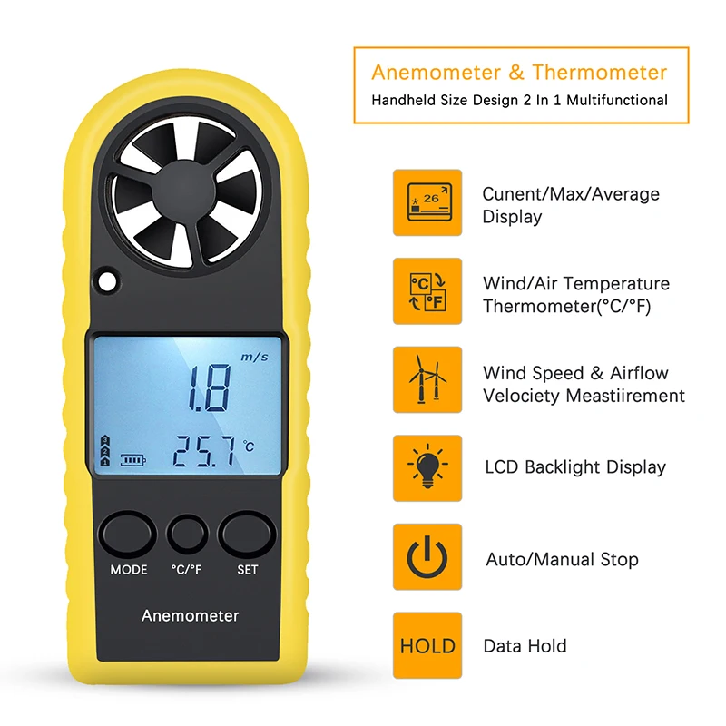Портативный анемометр, портативный измеритель скорости ветра, датчик ветра, воздушный проточный термометр с ЖК-подсветкой