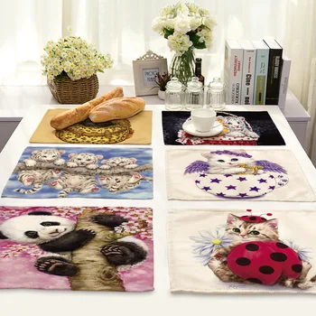 

Cartoon Animal Painting Cute Cats Placemat Nordic Home Cotton Linen Table Mats for Dining Table Kitchen Decoration Accessories