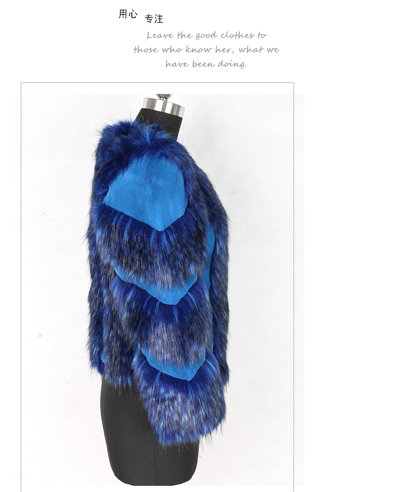 Nerazzurri Winter fox fur and rex rabbit fur color block patchwork fake fur jacket blue short warm big size faux fur coat women