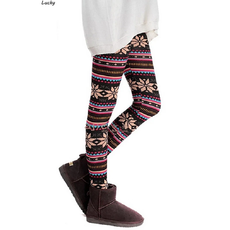 Winter Women Snowflakes Leggings Girl Warm Colorful Print Thick Cotton