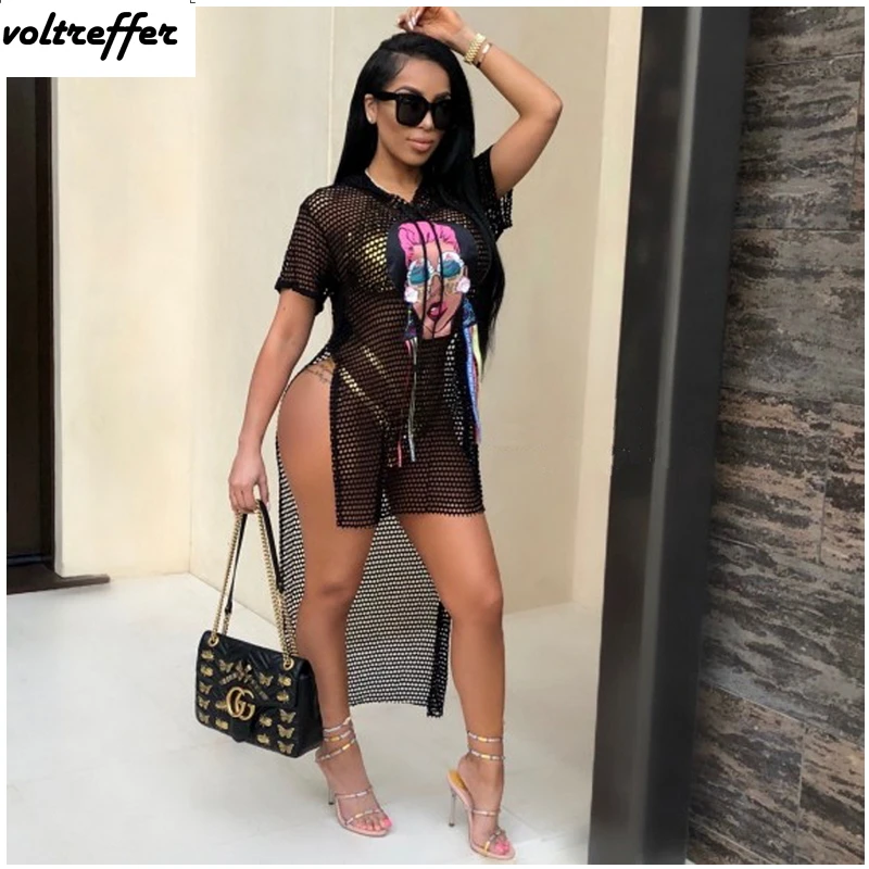 

Black Short Sleeve Asymmetrical Cartoon Print Ribbons Hoodies Maxi Tshirt Dress Mesh Dresses Sheer Overall Hip Hop Robe Cut Out