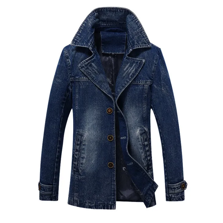 Мужская джинсовая куртка повседневная однобортная Длинная ветровка ковбойская