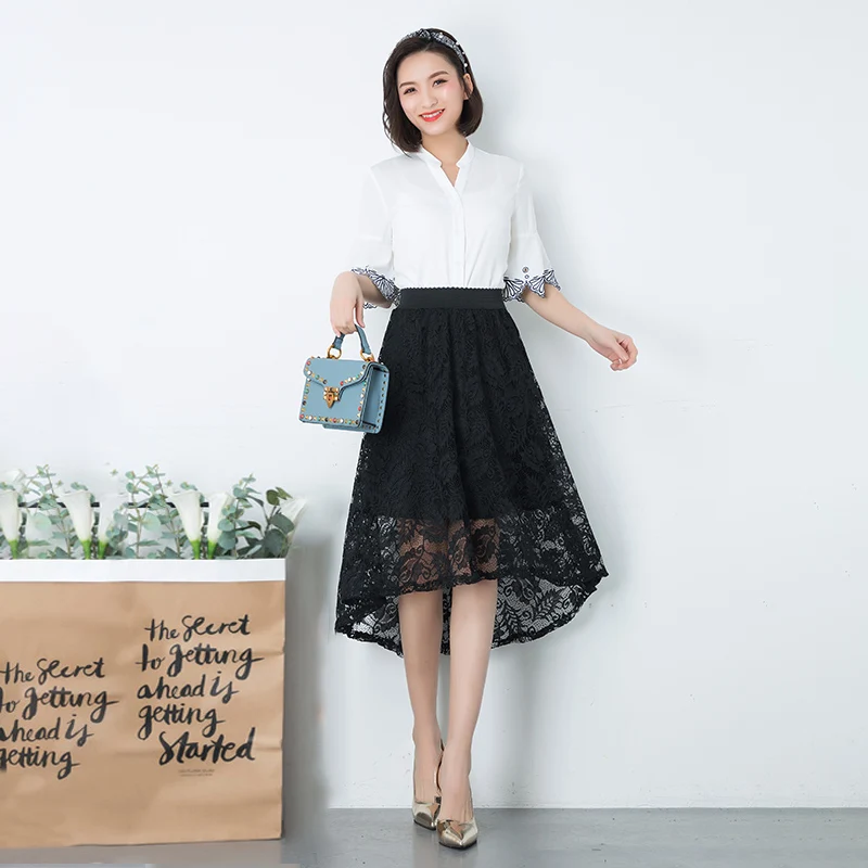 

Women Skirt Summer Style High Low Sexy Black Lace Skirt Female Floral Print Mid-Calf Asymmetrical Skirt Lady Black
