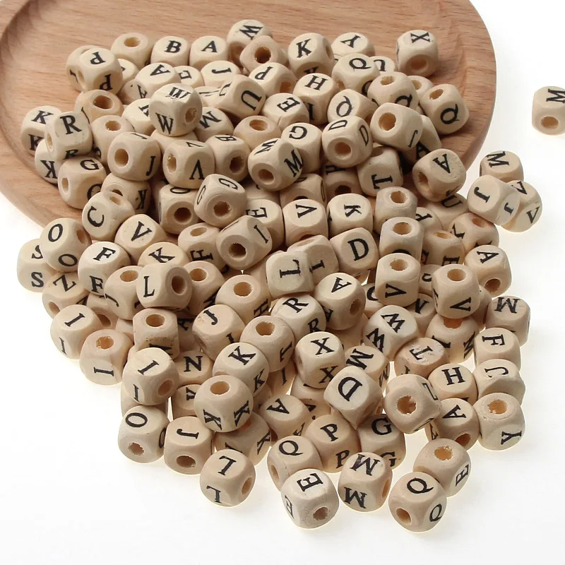 

10 mm /12mm 50pcs Random Mixing Natural Wooden Square Letter Beads Fit Bracelet Gasket DIY Jewelry Pacifier