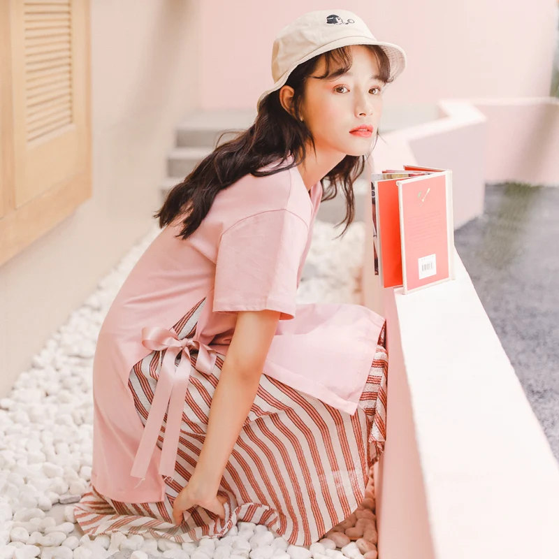 

ANTWANT Casual Fake two-piece bow decorative striped sweet pink dress O-neck A-line ladies Dresses