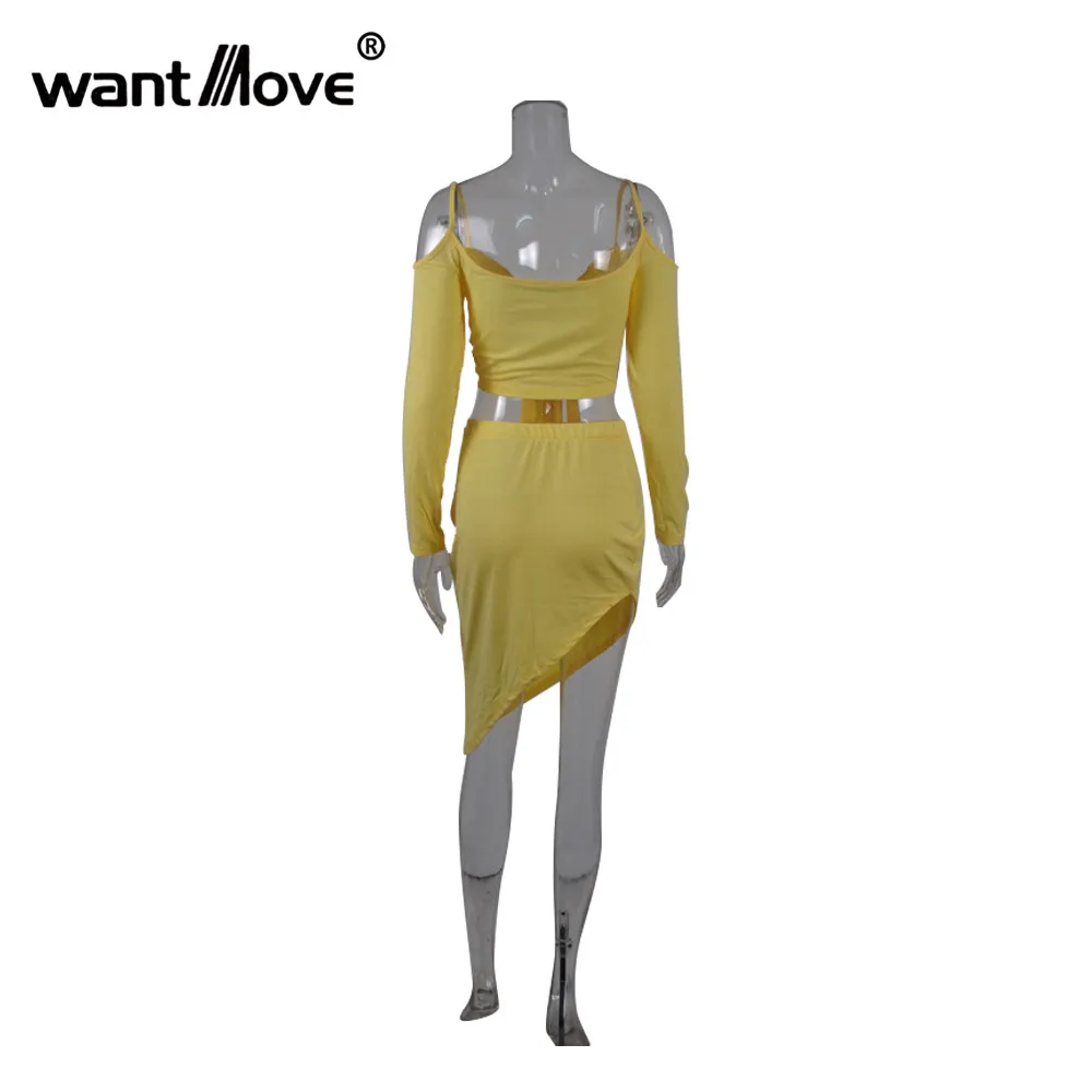 Женский комплект с юбкой Wantmove длинным рукавом треугольным вырезом и высокой