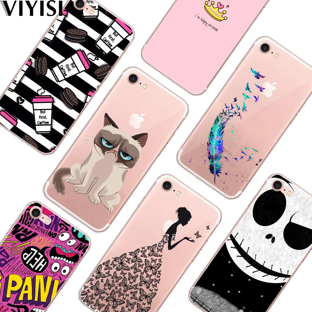 

For Apple iPhone X XS MAX XR IPhone 7case 8 6 6S Plus Cover 5 5S SE Phone Case Crown Cat Feather Etui Back Coque Fundas Solicone