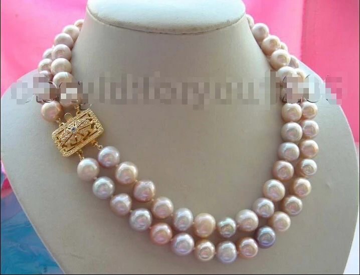 

NCFN7 Free shipping 17" genuine Double Natural 12mm Multicolor Round Pearl Necklace 9k zircon #f1639