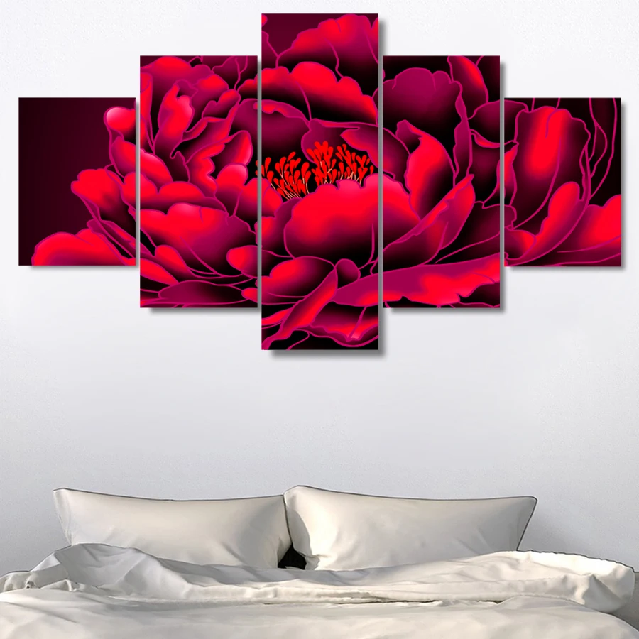 

Modern Oil Canvas Painting For Living Room Modular Pictures 5 Panel Beautiful Red Flower Wall Art Prints Home Decor