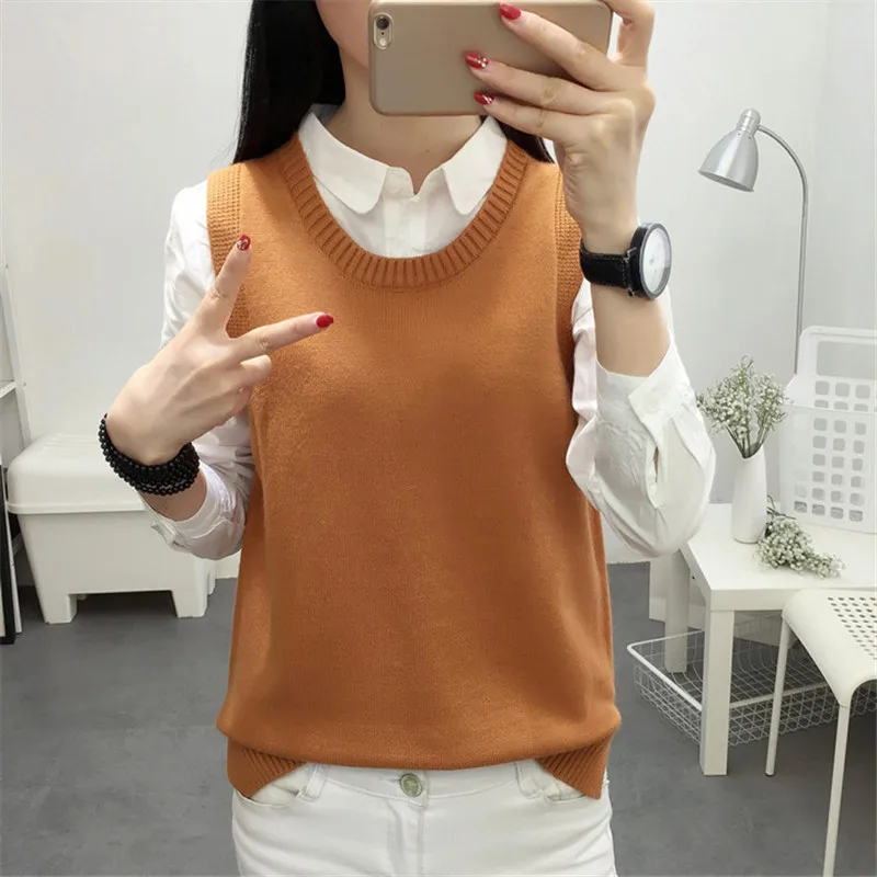 

Gagarich Korean Version of Women Clothes Vest Waistcoat Sleeveless Sweater Round Neck Knitted Sweater Vest