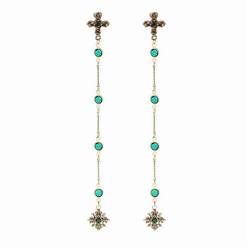 

Baroque Cross Green Crystal Long Earrings For Women 2017 Vintage Super Rhinestone Long Earrings Fashion Jewelry Ear Cuff Gift