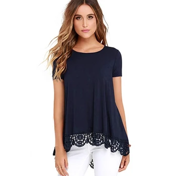 

New Women Summer 2019 T-shirt Casual Short Sleeve Tops Tees Solid Lace T-Shirt Patchwork O-neck Loose Plus Size 2XL Shirts