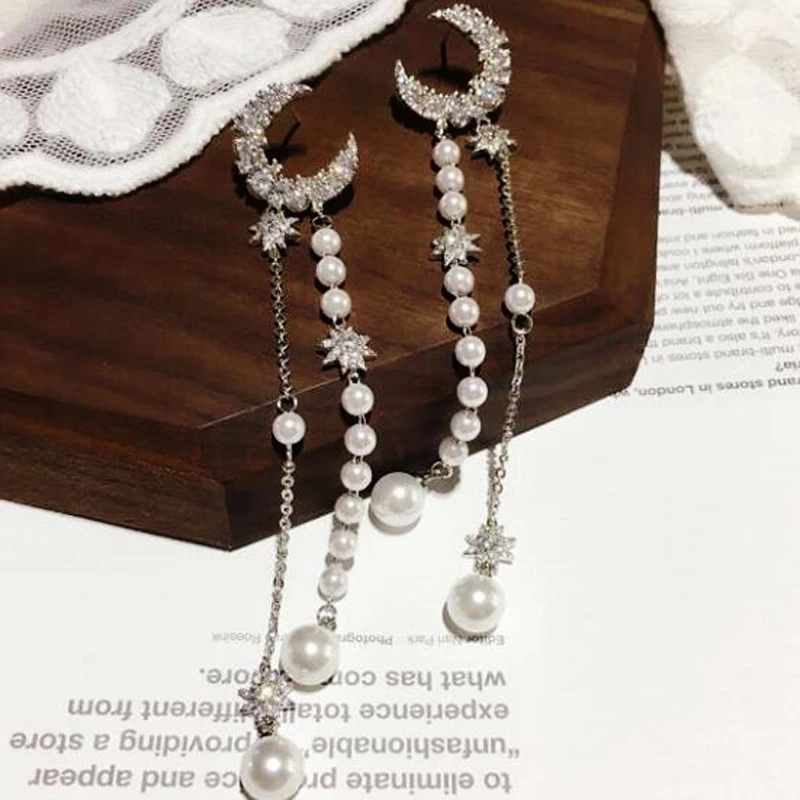 

New Arrivals 925 Sterling Silver Long Drop Earrings Rhinestones Moon earrings Star Long Pearl Earring For Women Jewelry Brincos