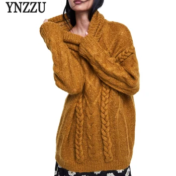 

YNZZU 2018 Winter Turtleneck Warm Sweater Women Vintage Solid Twist Mid-Long Knitted Pullover Loose Chic Female Jumper YT493